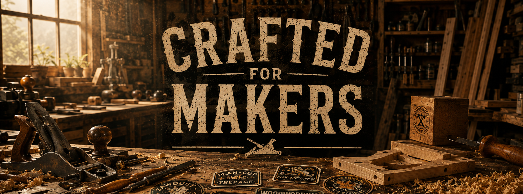 Workshop setting with 'Crafted for Makers' sign and various tools and materials.
